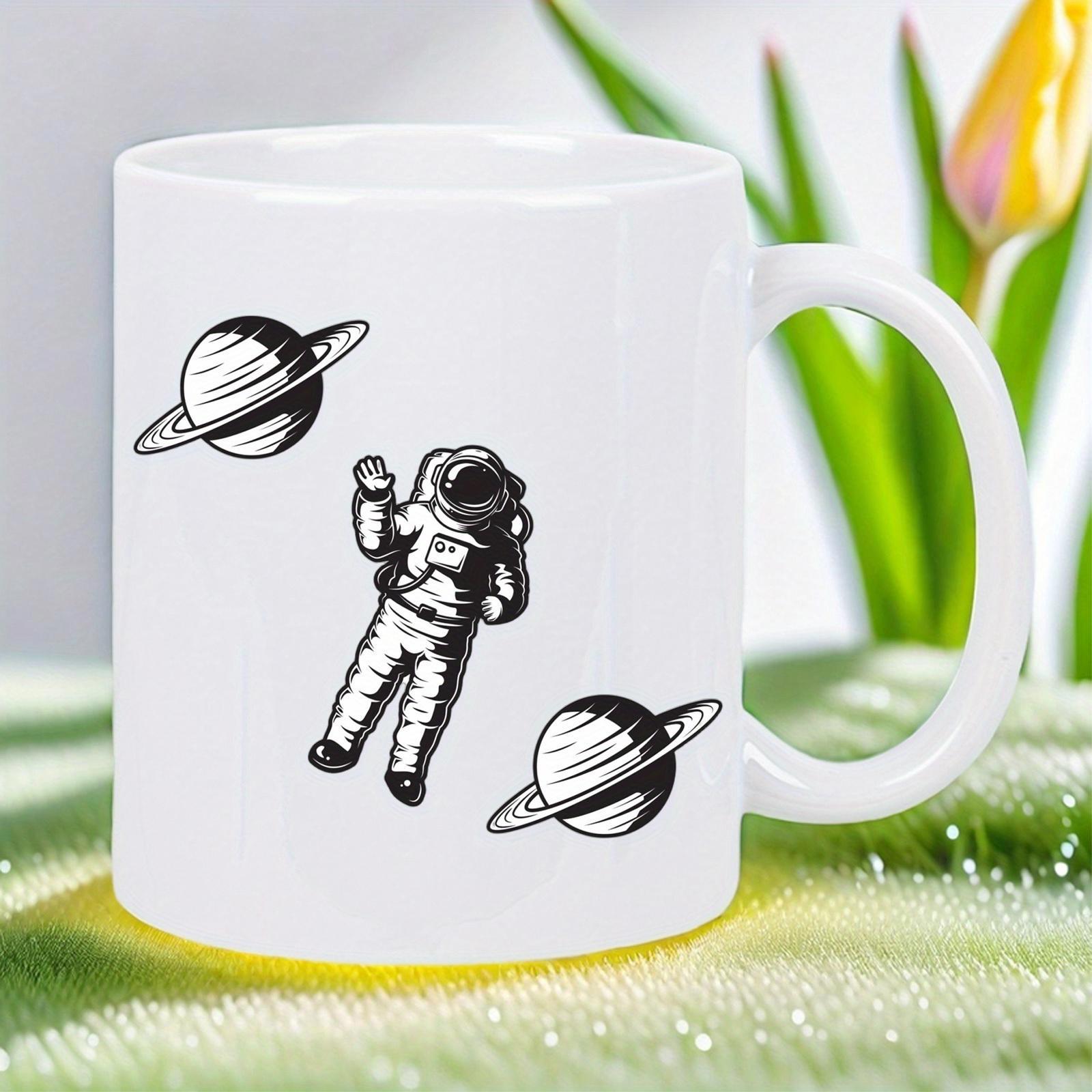 Tailorly White Ceramic 11 oz Mug - Floating Weightlessly In Deep Space Between Two Distant Ringed Planets Astronaut
