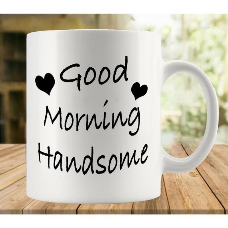 Tailorly White Ceramic 11 oz Mug - Good Morning Handsome Simple Black Hearts With Elegant Handwritten Calligraphy Style Script Heart