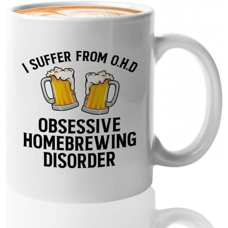 Tailorly White Ceramic 11 oz Mug - I Suffer From OHD Obsessive Homebrewing Disorder Two Overflowing Golden Beer Mugs Clinking Together In Celebration Beer Mug