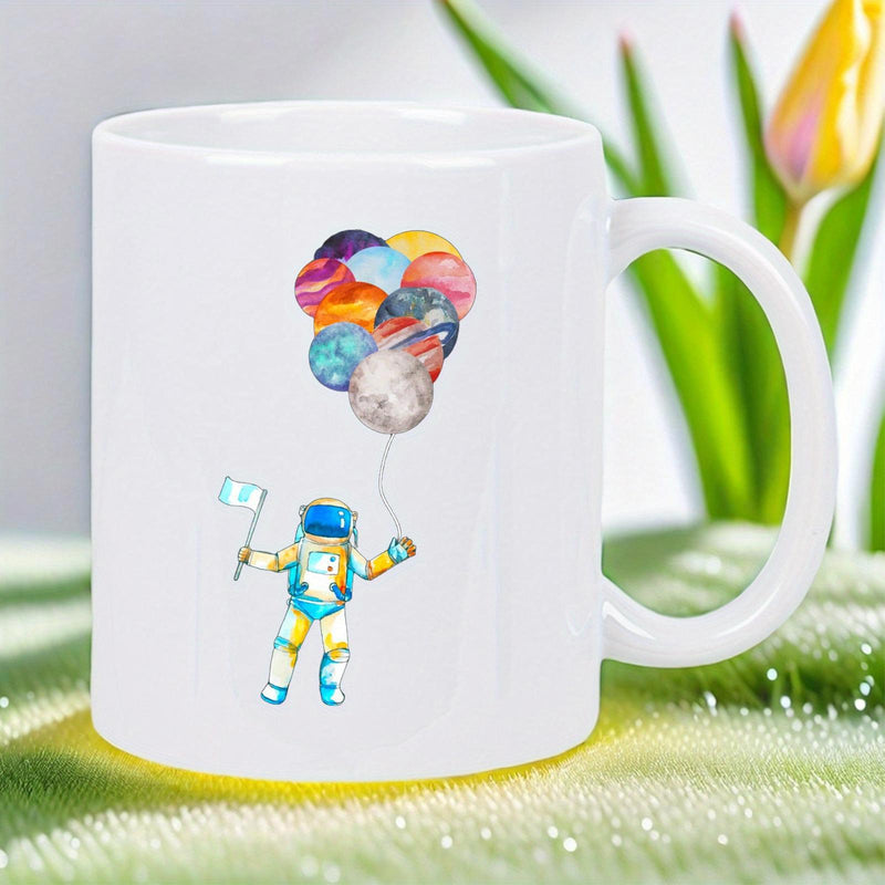 Tailorly White Ceramic 11 oz Mug - Colorful Watercolor Stylized Space Explorer Floating Among Vibrant Solar System Planets Astronaut