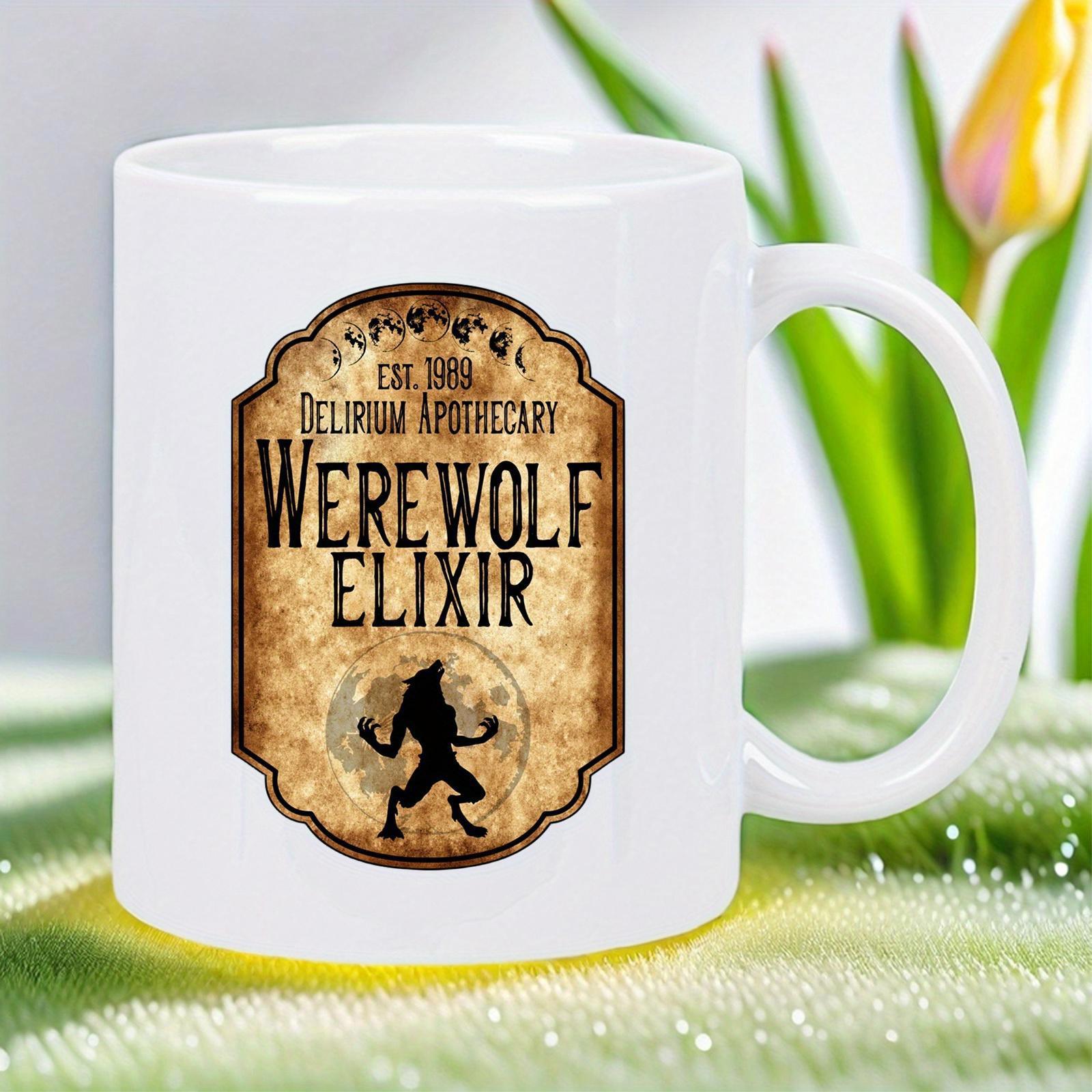 Tailorly White Ceramic 11 oz Mug - Delirium Apothecary Werewolf Elixir Vintage Parchment Style Label With Howling Beast Under Full Moon Werewolf
