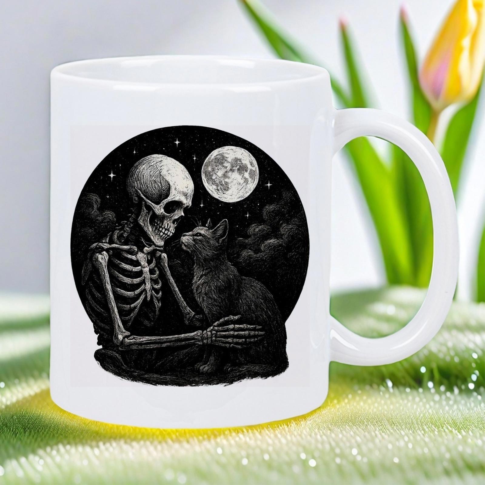 Tailorly White Ceramic 11 oz Mug - Mystical Dark Night Under Full Moon With Cat And Skeleton