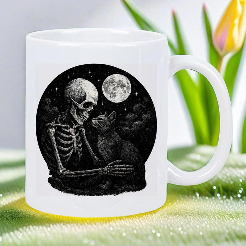 Tailorly White Ceramic 11 oz Mug - Mystical Dark Night Under Full Moon With Cat And Skeleton
