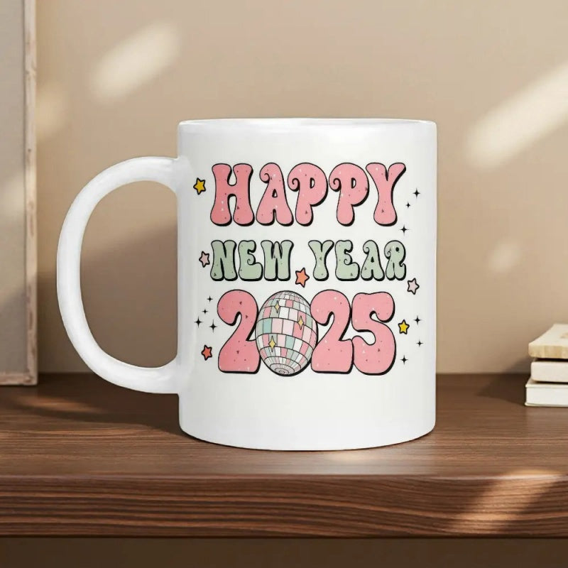 Tailorly White Ceramic 11 oz Mug - Happy New Year 2025 Retro Groovy Font Featuring Shining Stars And Festive Disco Ball