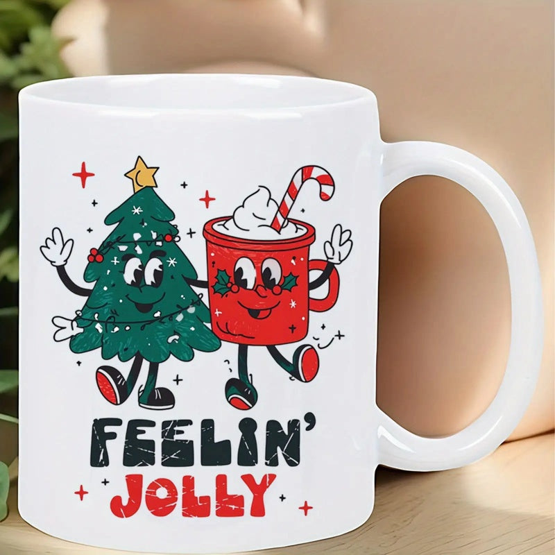 Tailorly White Ceramic 11 oz Mug - Feelin Jolly Festive Cartoon Characters Dancing Happily With A Red Cocoa Mug Beside Christmas Tree