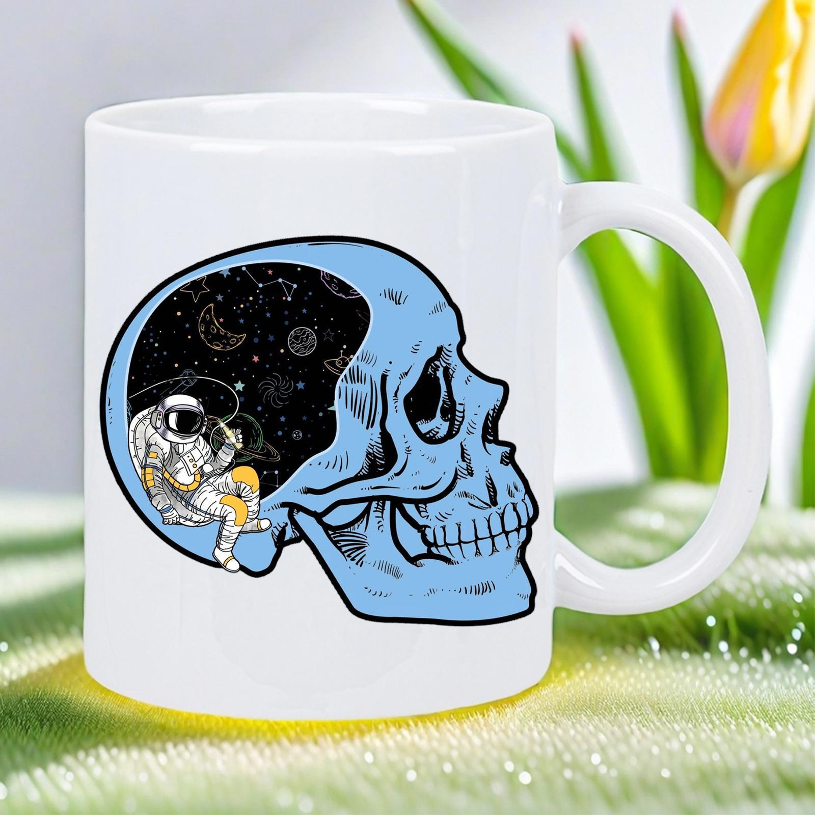 Tailorly White Ceramic 11 oz Mug - Vivid Blue Profile With Cosmic Galaxy Scene Featuring A Dreaming Astronaut Skull