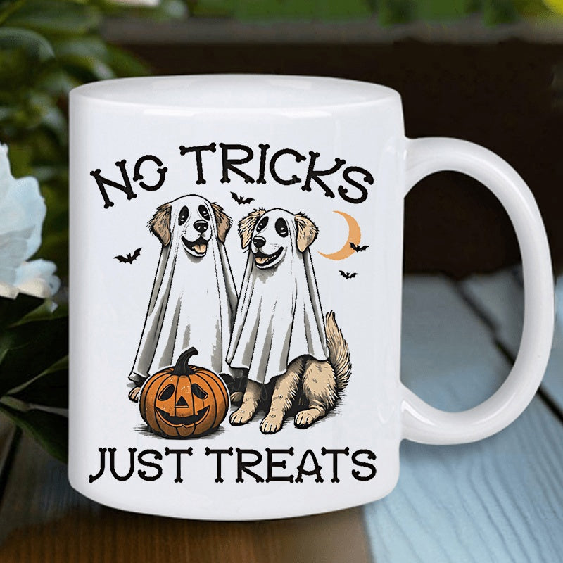 Tailorly White Ceramic 11 oz Mug - No Tricks Just Treats Playful Golden Retrievers Wearing White Ghost Sheets Beside A Carved Pumpkin Dogs