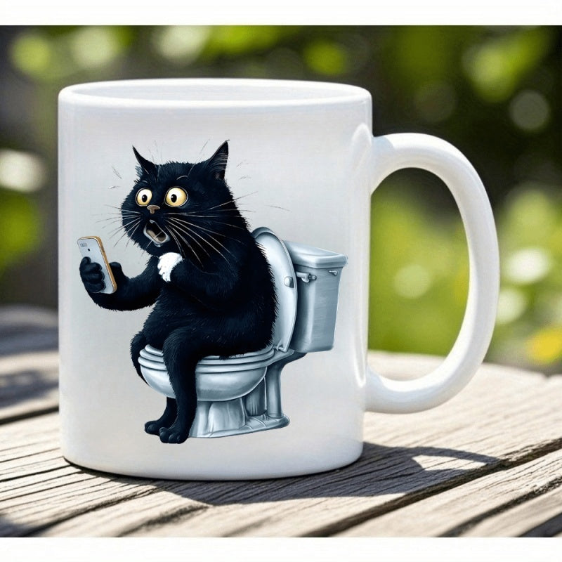 Tailorly White Ceramic 11 oz Mug - Shocked Expression Black Cat Sitting On White Toilet Holding Smartphone Cat