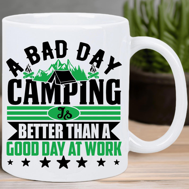 Tailorly White Ceramic 11 oz Mug - A Bad Day Camping Is Better Than A Good Day At Work Scenic Green Mountain Range With Cozy Black Camping Tent And Stars Tent