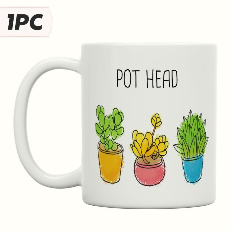 Tailorly White Ceramic 11 oz Mug - Pot Head Hand Drawn Colorful Potted Plants Arranged In A Row Style Succulent