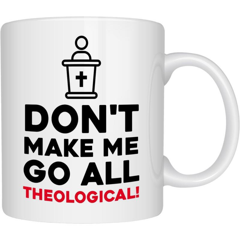 Tailorly White Ceramic 11 oz Mug - Dont Make Me Go All Theological Simple Silhouette Design Of Person Standing Behind Sacred Cross Pulpit