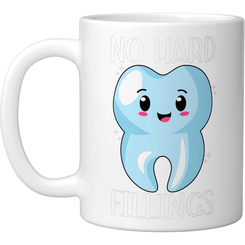 Tailorly White Ceramic 11 oz Mug - No Hard Fillings Cute Smiling Cartoon Character With A Friendly Expression Under Bright Lights Tooth