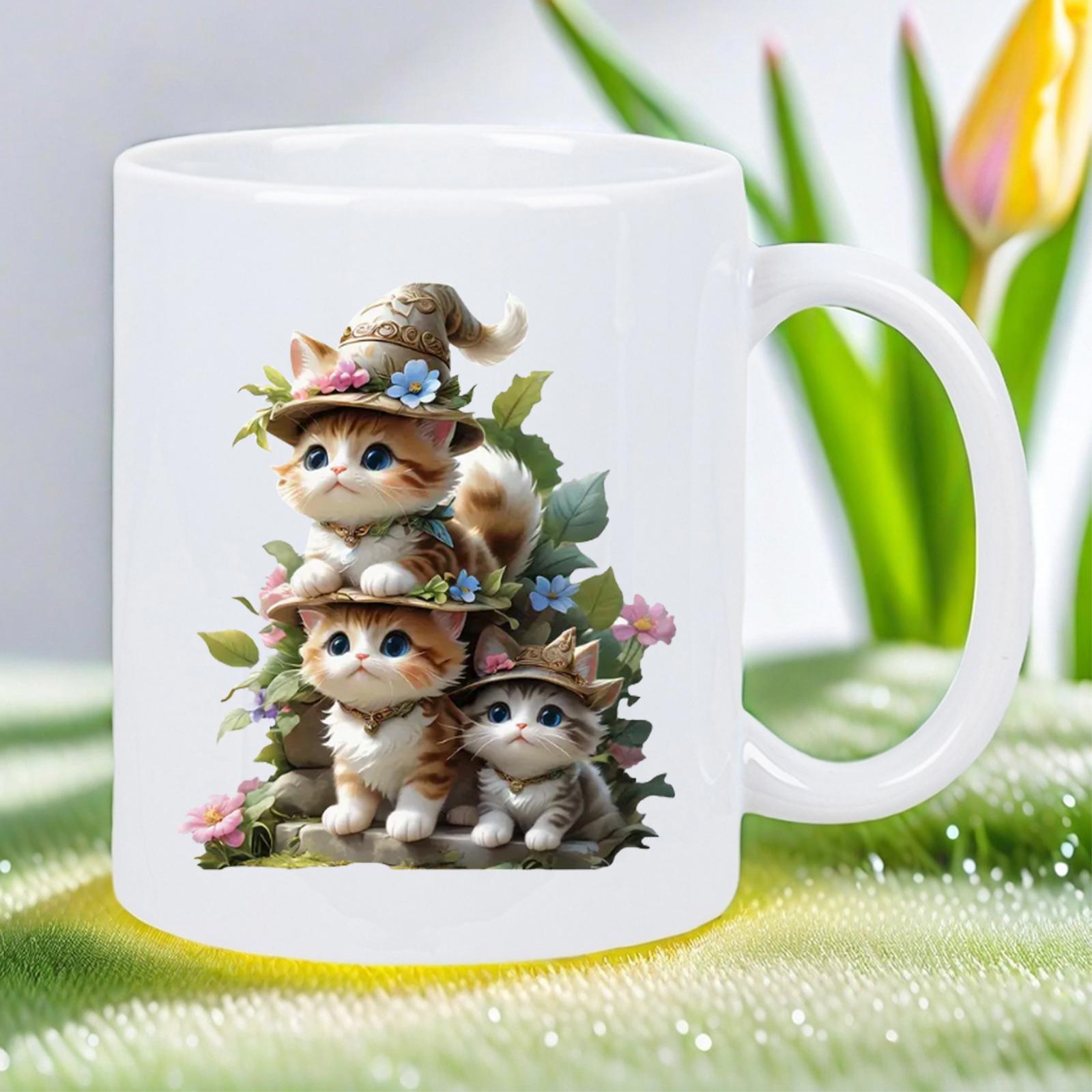 Tailorly White Ceramic 11 oz Mug - Adorable Fluffy Felines Wearing Decorative Garden Hats Among Vibrant Spring Blooms Kitten