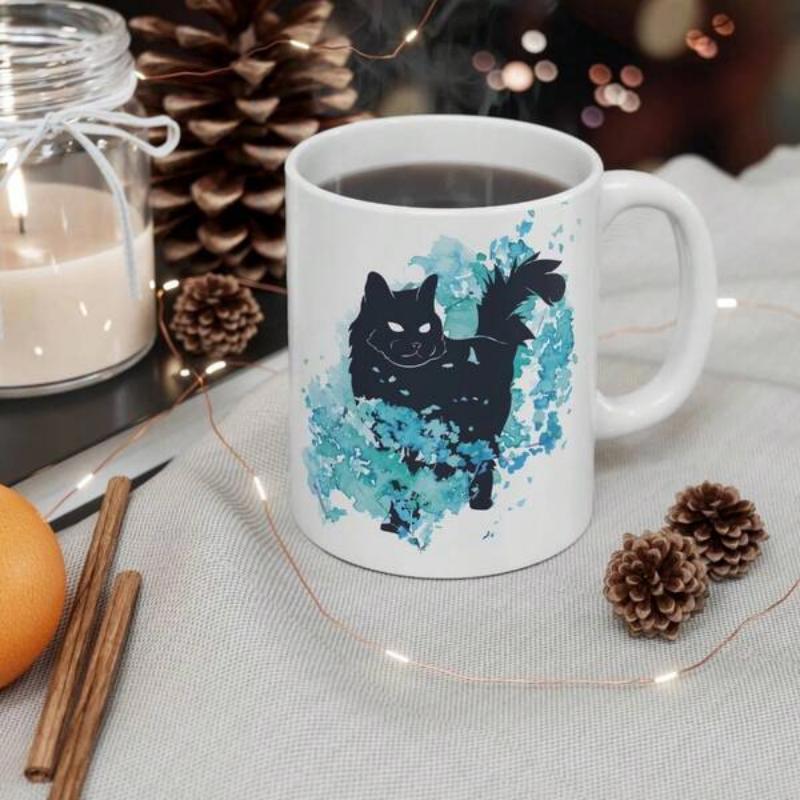 Tailorly White Ceramic 11 oz Mug - Mysterious Black Cat Silhouette Among Vibrant Teal Artistic Watercolor Splashes Cat