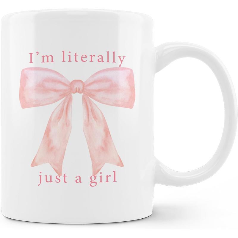Tailorly White Ceramic 11 oz Mug - Im Literally Just A Girl Elegant Pink Watercolor Ribbon With Delicate Tied Silk Texture Knot Bow