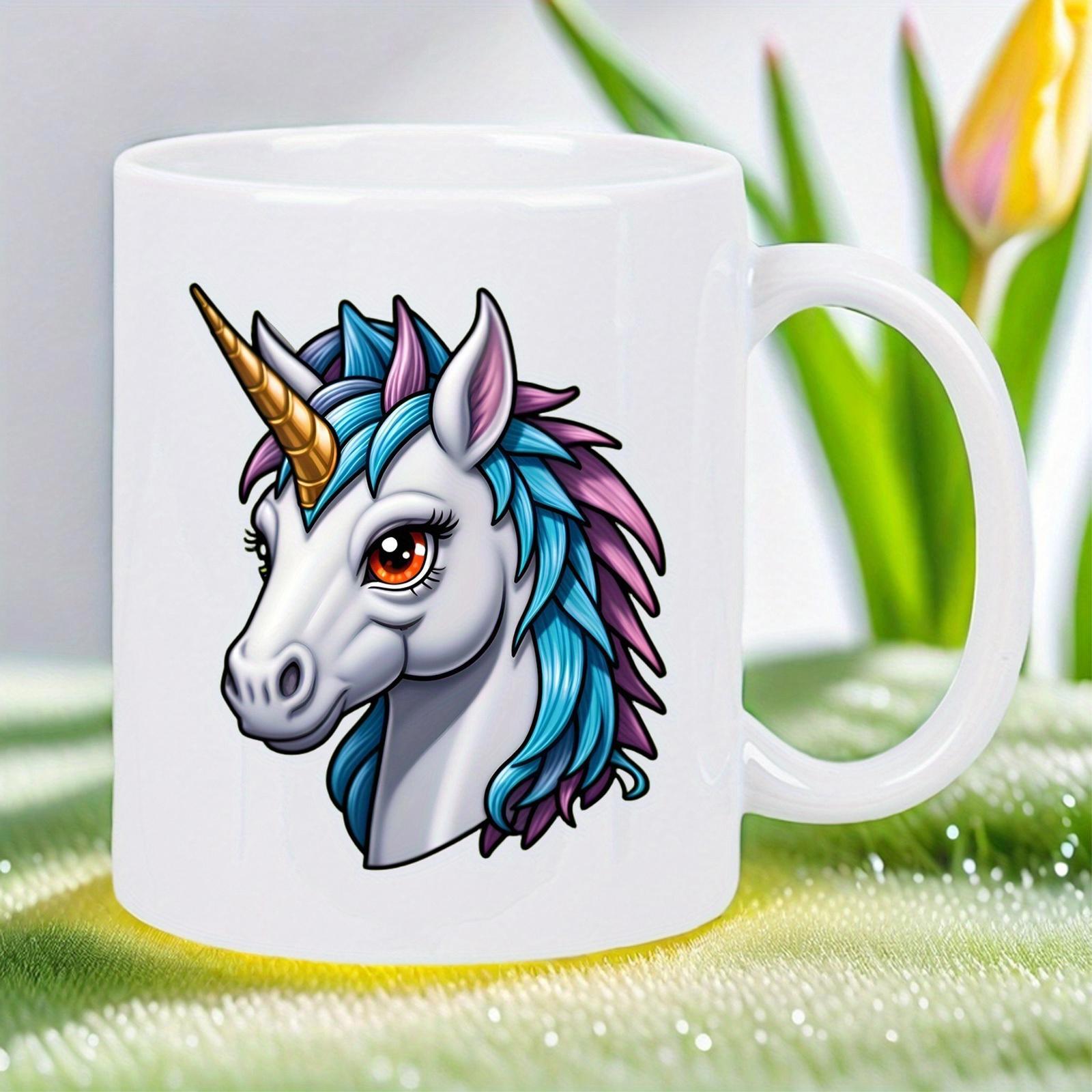 Tailorly White Ceramic 11 oz Mug - Majestic Mythical Creature With Golden Horn And Colorful Blue Purple Mane Unicorn