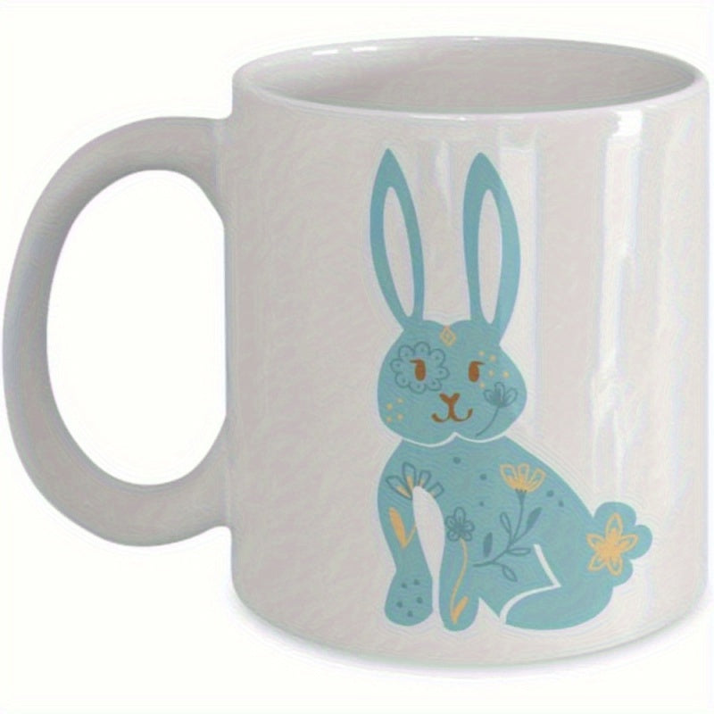 Tailorly White Ceramic 11 oz Mug - Artistic Folk Style Light Blue Sitting Bunny With Yellow Floral Decorations Rabbit