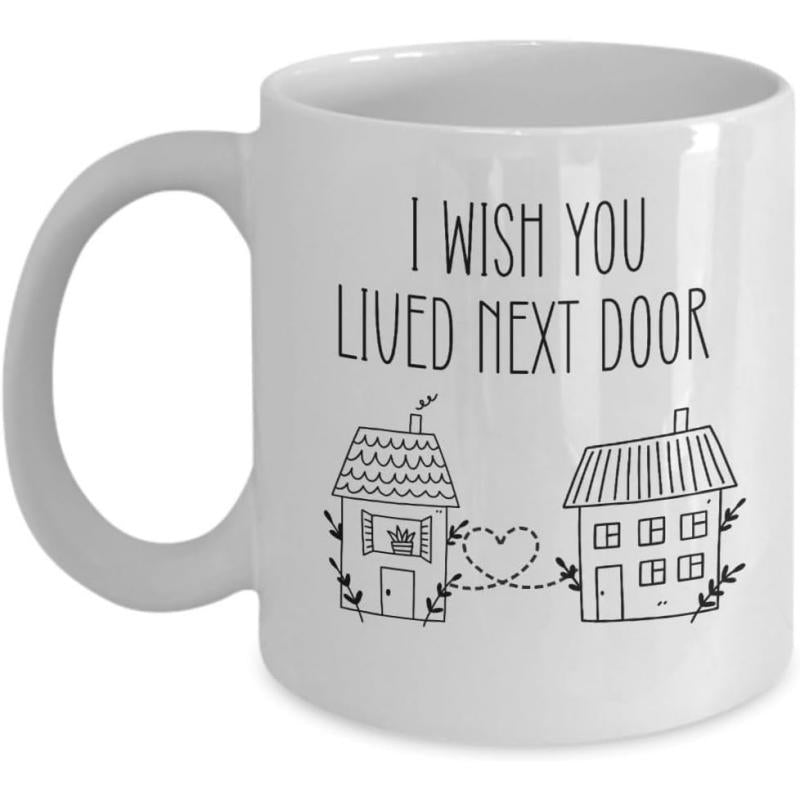 Tailorly White Ceramic 11 oz Mug - I Wish You Lived Next Door Two Minimalist Cottages Connected By A Dotted Heart Line House