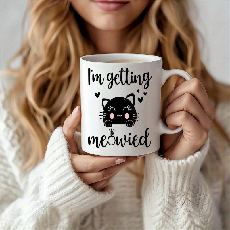 Tailorly White Ceramic 11 oz Mug - Im Getting Meowied Adorable Cartoon Black Kitten Face Featuring Pink Cheeks And Floating Hearts Charming Cat