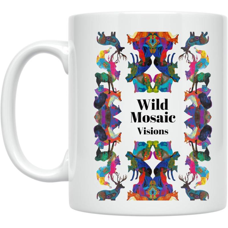 Tailorly White Ceramic 11 oz Mug - Wild Mosaic Visions Vibrant Symmetrical Mosaic Silhouettes Of Colorful Majestic Forest Wildlife Deer