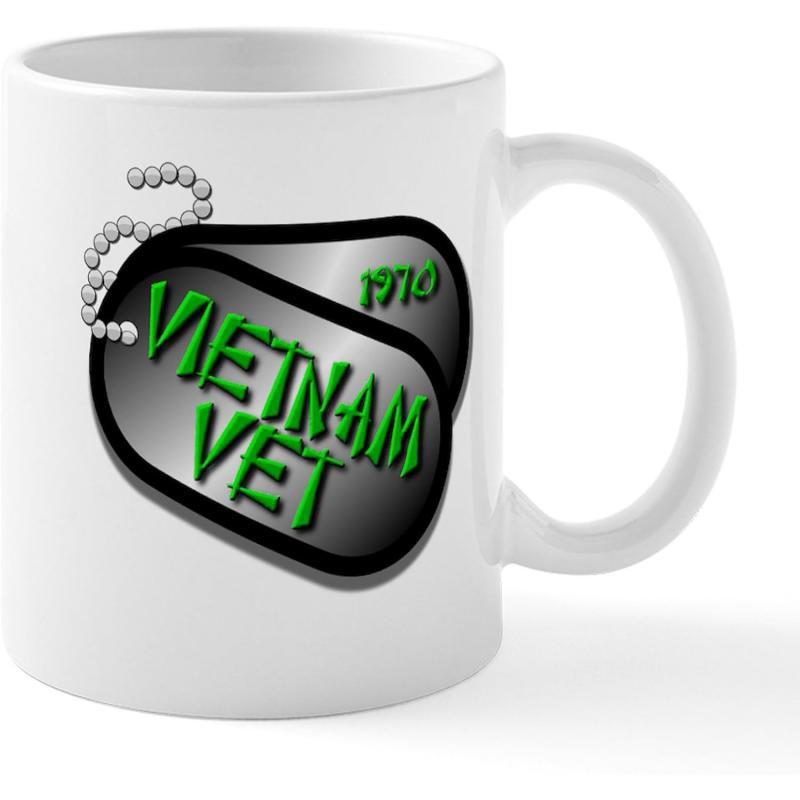 Tailorly White Ceramic 11 oz Mug - Vietnam Vet Metallic Textured Military Dog Tags With A Beaded Silver Chain Detail Tag