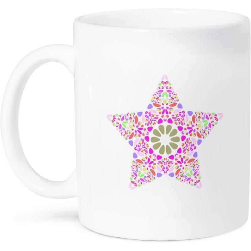Tailorly White Ceramic 11 oz Mug - Intricate Floral Pattern With Vibrant Pink And Purple Decorative Petals Mandala Star