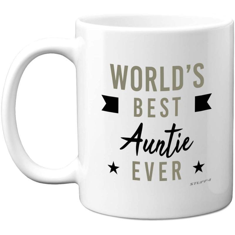 Tailorly White Ceramic 11 oz Mug - Worlds Best Auntie Ever Minimalist Black And Grey Lettering With Small Stars And Banners Auntie
