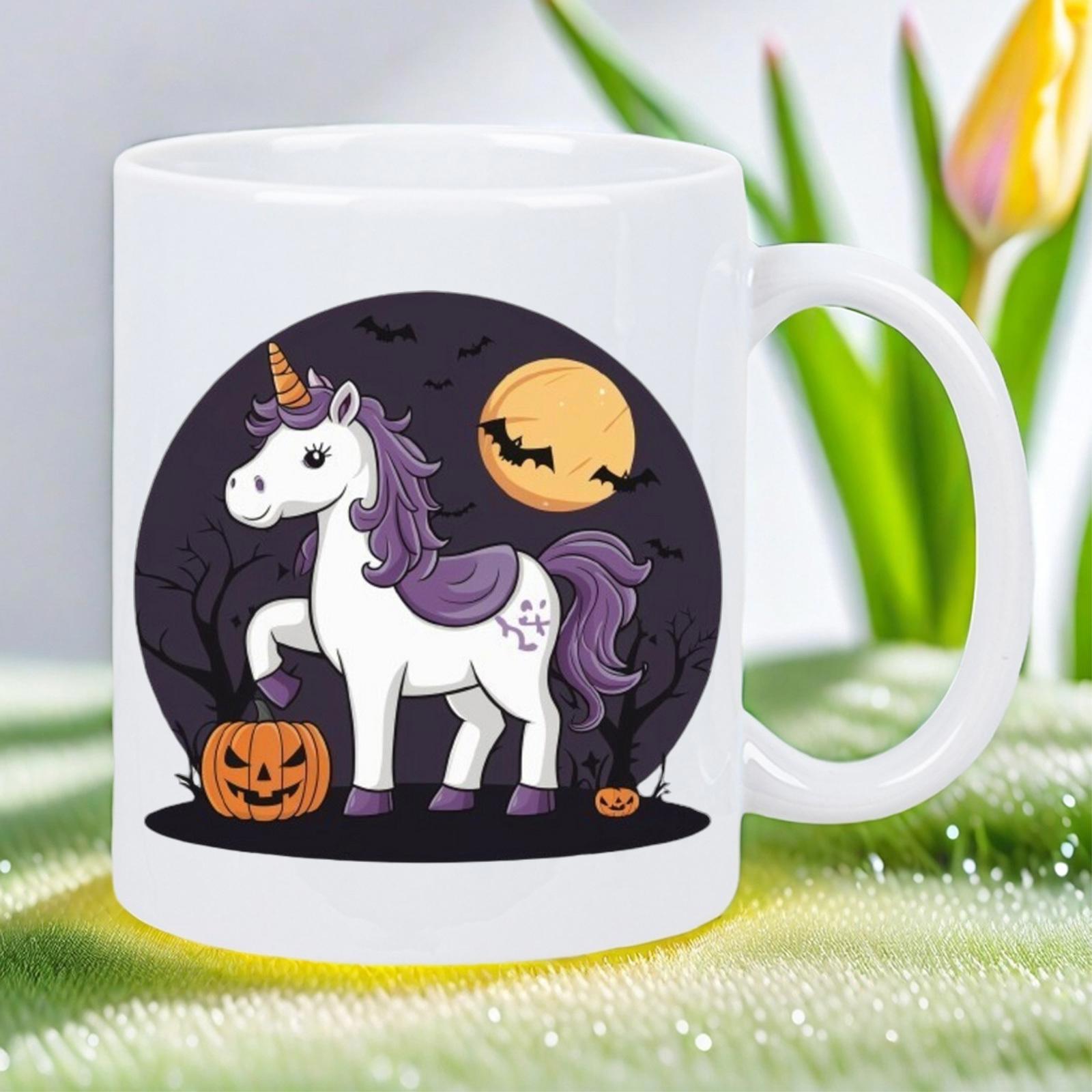 Tailorly White Ceramic 11 oz Mug - Magical Creature Beside Spooky Carved Pumpkin Under Glowing Moon Night Bats Unicorn