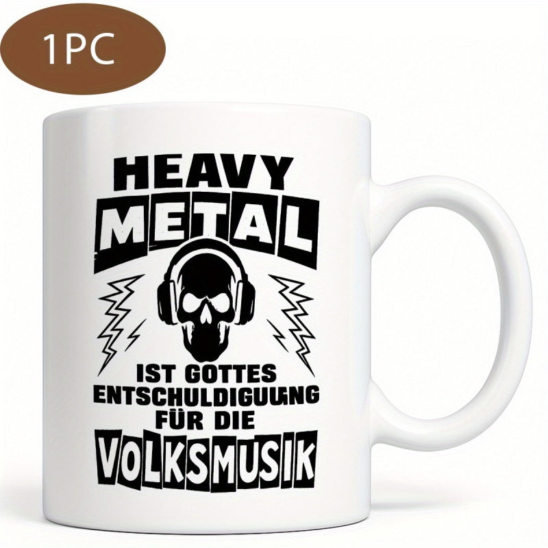 Tailorly White Ceramic 11 oz Mug - Heavy Metal Black Stylized Skull Wearing Large Headphones Between Two Electric Lightning Bolts Skull