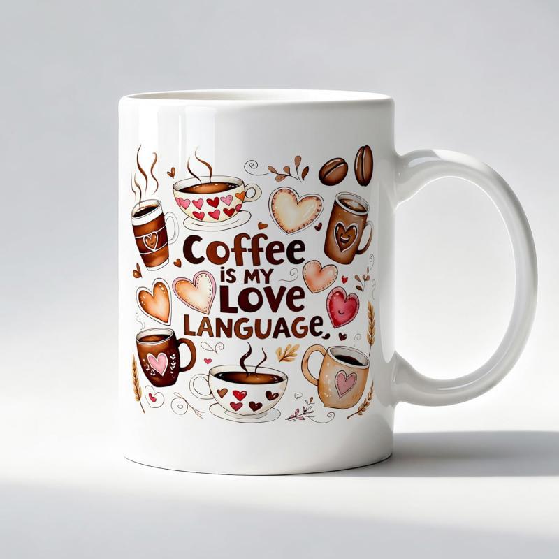 Tailorly White Ceramic 11 oz Mug - Coffee Is My Love Language Hand Drawn Style Coffee Cups And Hearts With Whimsical Steam And Beans Mug