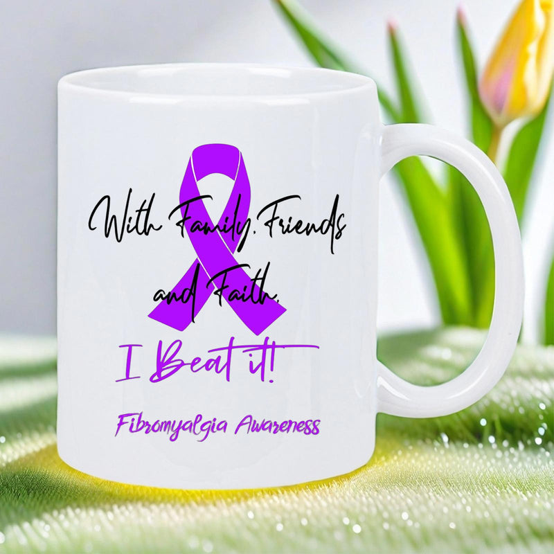 Tailorly White Ceramic 11 oz Mug - With Family Friends And Faith I Beat It Fibromyalgia Awareness Elegant Purple Awareness Ribbon Surrounded By Inspirational
