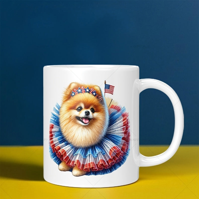 Tailorly White Ceramic 11 oz Mug - Fluffy Patriotic Dog Wearing A Stars And Stripes Ruffled Collar Pomeranian