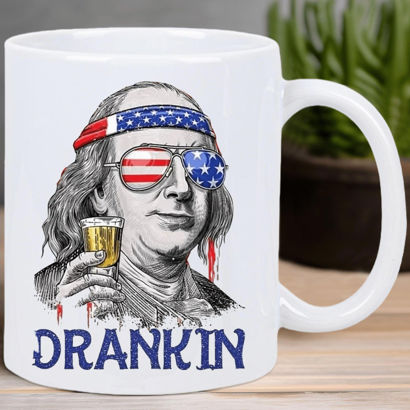 Tailorly White Ceramic 11 oz Mug - Drankin Patriotic Historical Figure Wearing Stars And Stripes Headband And Sunglasses Benjamin Franklin