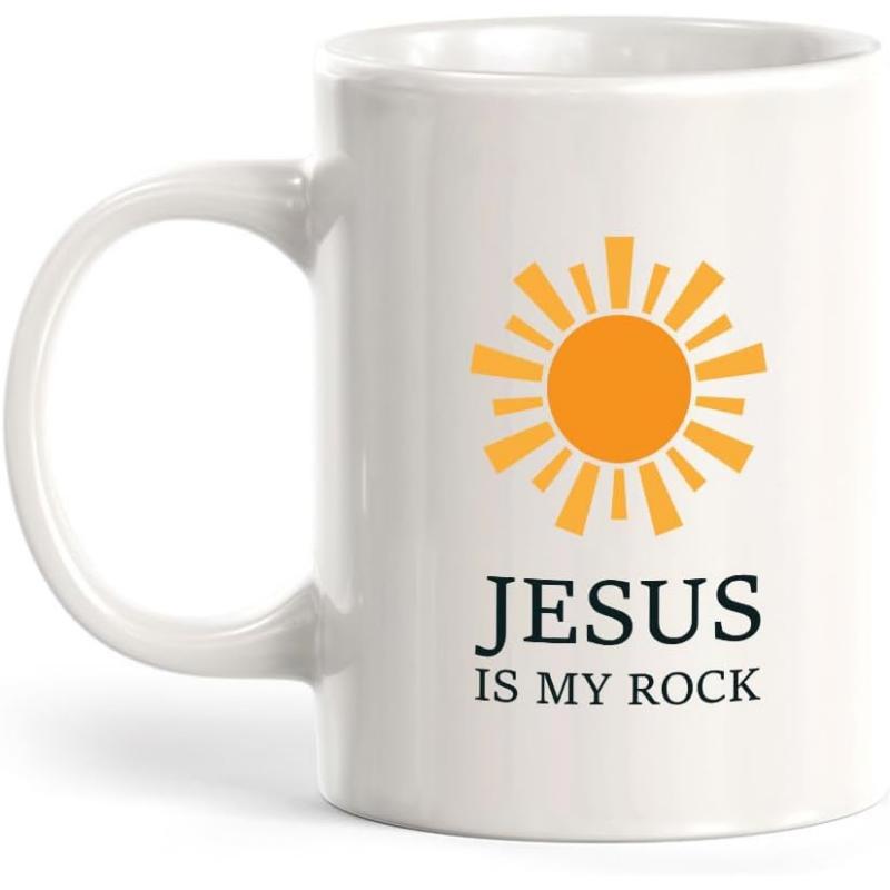 Tailorly White Ceramic 11 oz Mug - Jesus Is My Rock Vibrant Orange Sun Shining With Bold Radiating Rays Sun