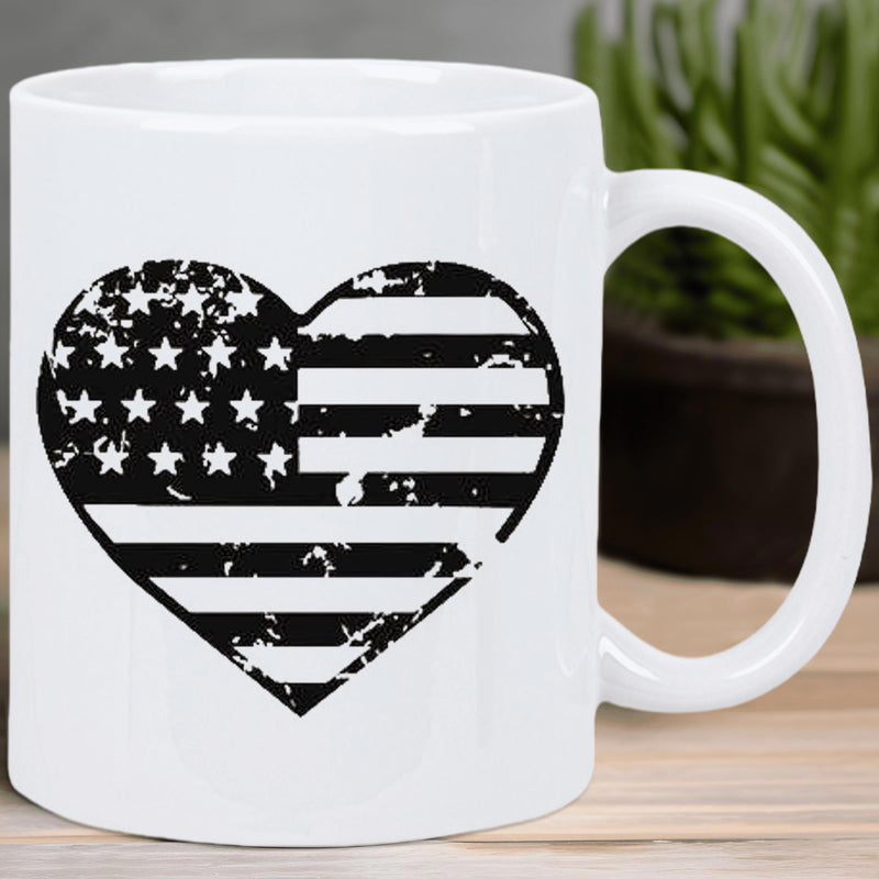 Tailorly White Ceramic 11 oz Mug - Distressed Black And White American Flag Pattern Within A Rustic Style Heart