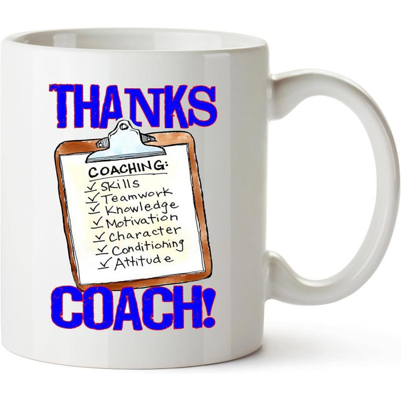 Tailorly White Ceramic 11 oz Mug - Thanks Coach Detailed Wooden Clipboard Featuring Hand Written Checklist Points And Bold Blue Text Clipboard