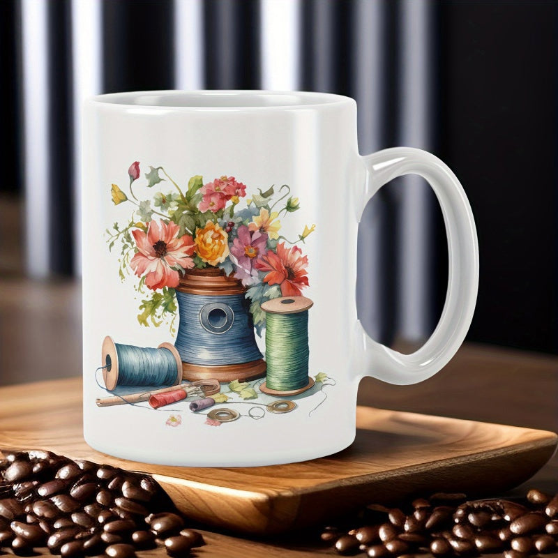 Tailorly White Ceramic 11 oz Mug - Vibrant Flowers Arranged Inside Vintage Thread Spools With Sewing Notions Spool