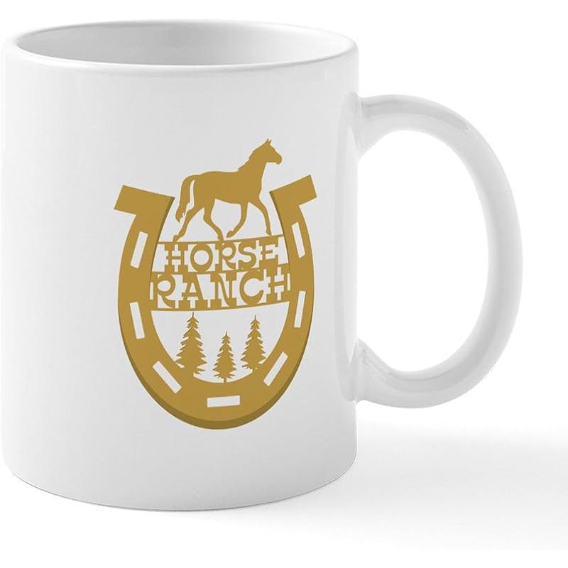 Tailorly White Ceramic 11 oz Mug - Horse Ranch Golden Horseshoe Silhouette With Standing Stallion And Evergreen Pine Trees Horse