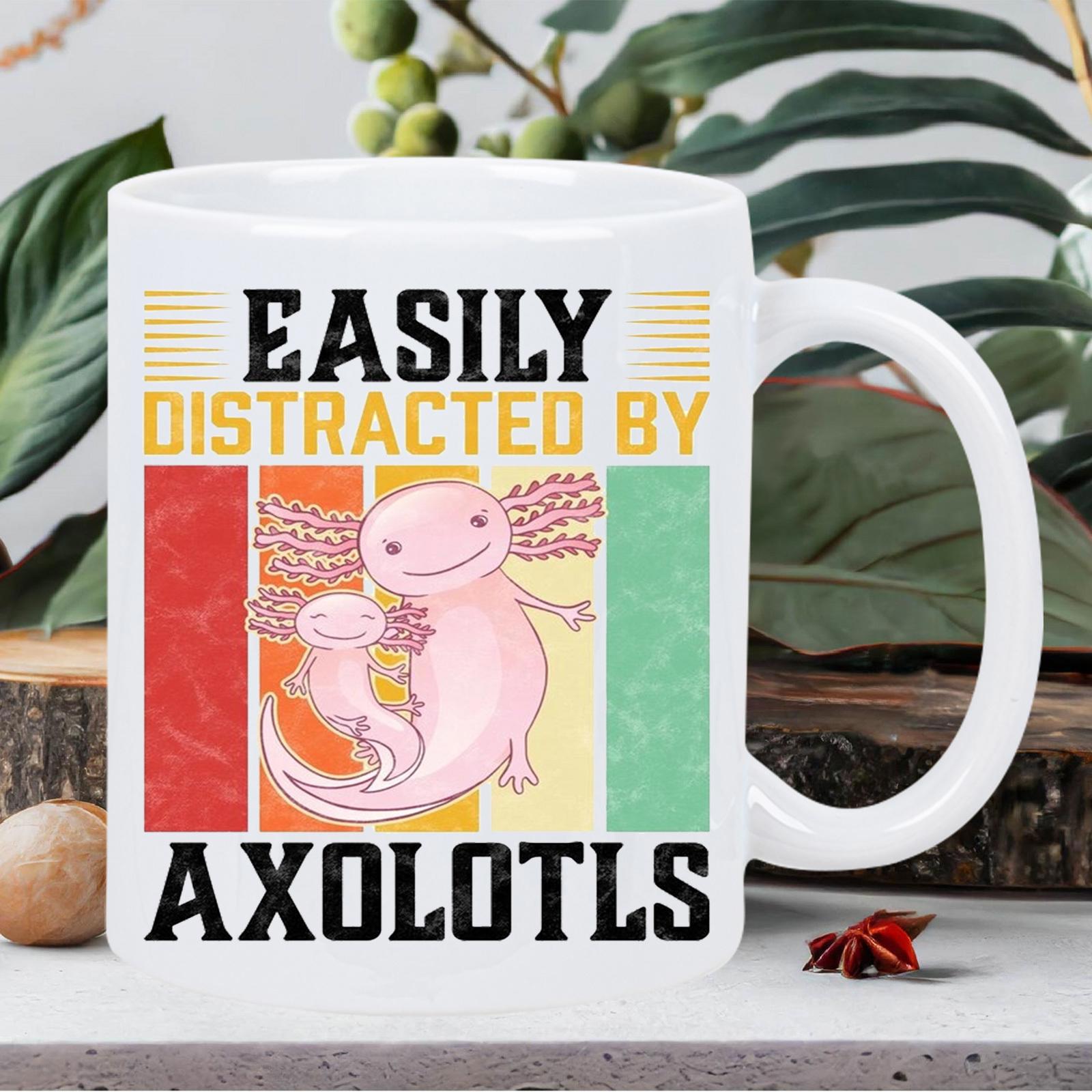 Tailorly White Ceramic 11 oz Mug - Easily Distracted By Axolotls Retro Sunset Stripes Background Featuring Two Smiling Cute Pink Aquatic Axolotl