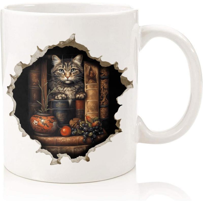 Tailorly White Ceramic 11 oz Mug - Realistic Tabby Peeking From Torn Paper Hole With Vintage Books And Fruit Cat