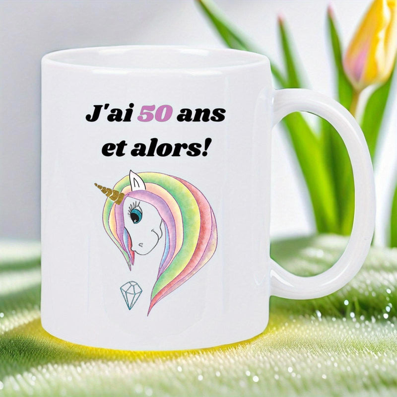 Tailorly White Ceramic 11 oz Mug - Whimsical Mythical Creature With Pastel Mane And Golden Horn Unicorn