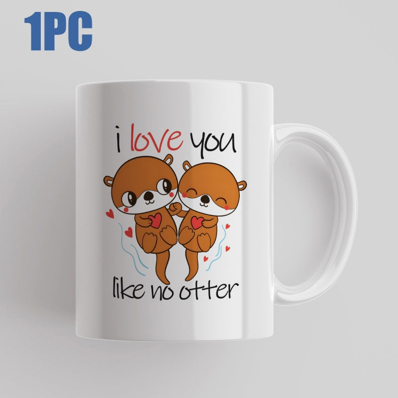 Tailorly White Ceramic 11 oz Mug - I Love You Like No Otter Two Adorable Cartoon Animals Holding Hands With Small Red Floating Hearts Otter