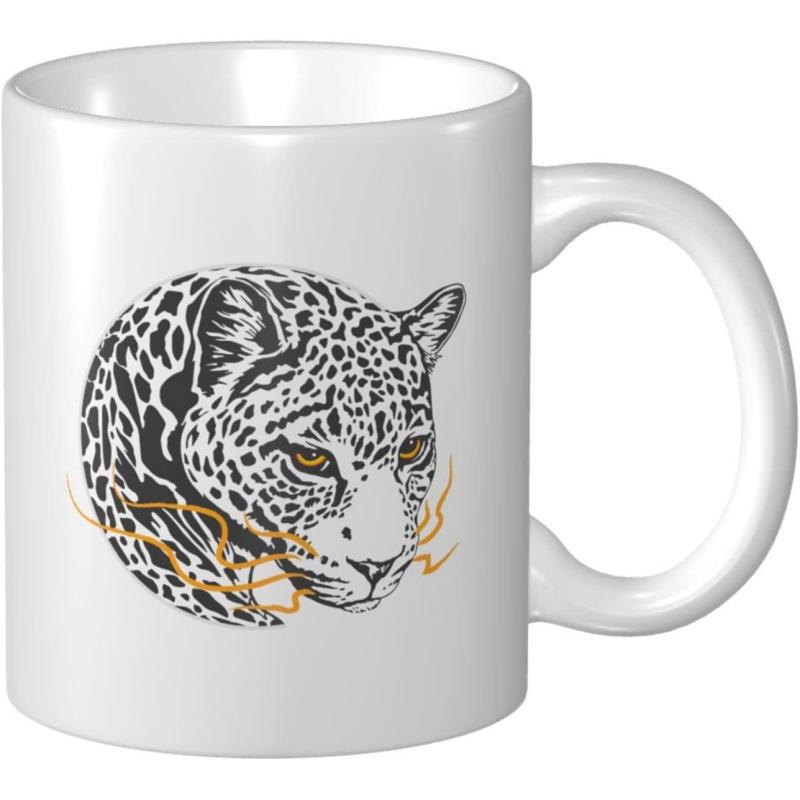 Tailorly White Ceramic 11 oz Mug - Detailed Spotted Wild Animal Head With Golden Flowing Artistic Lines Leopard