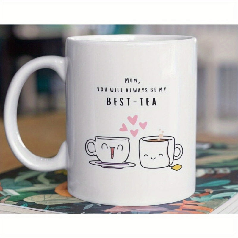 Tailorly White Ceramic 11 oz Mug - Mum You Will Always Be My Best Tea Two Smiling Cartoon Cups With Floating Pink Hearts Teacup