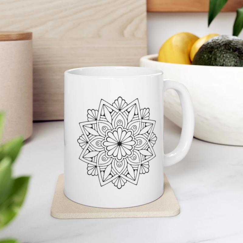 Tailorly White Ceramic 11 oz Mug - Intricate Symmetrical Black Line Art Pattern Forming A Geometric Floral Shape Mandala