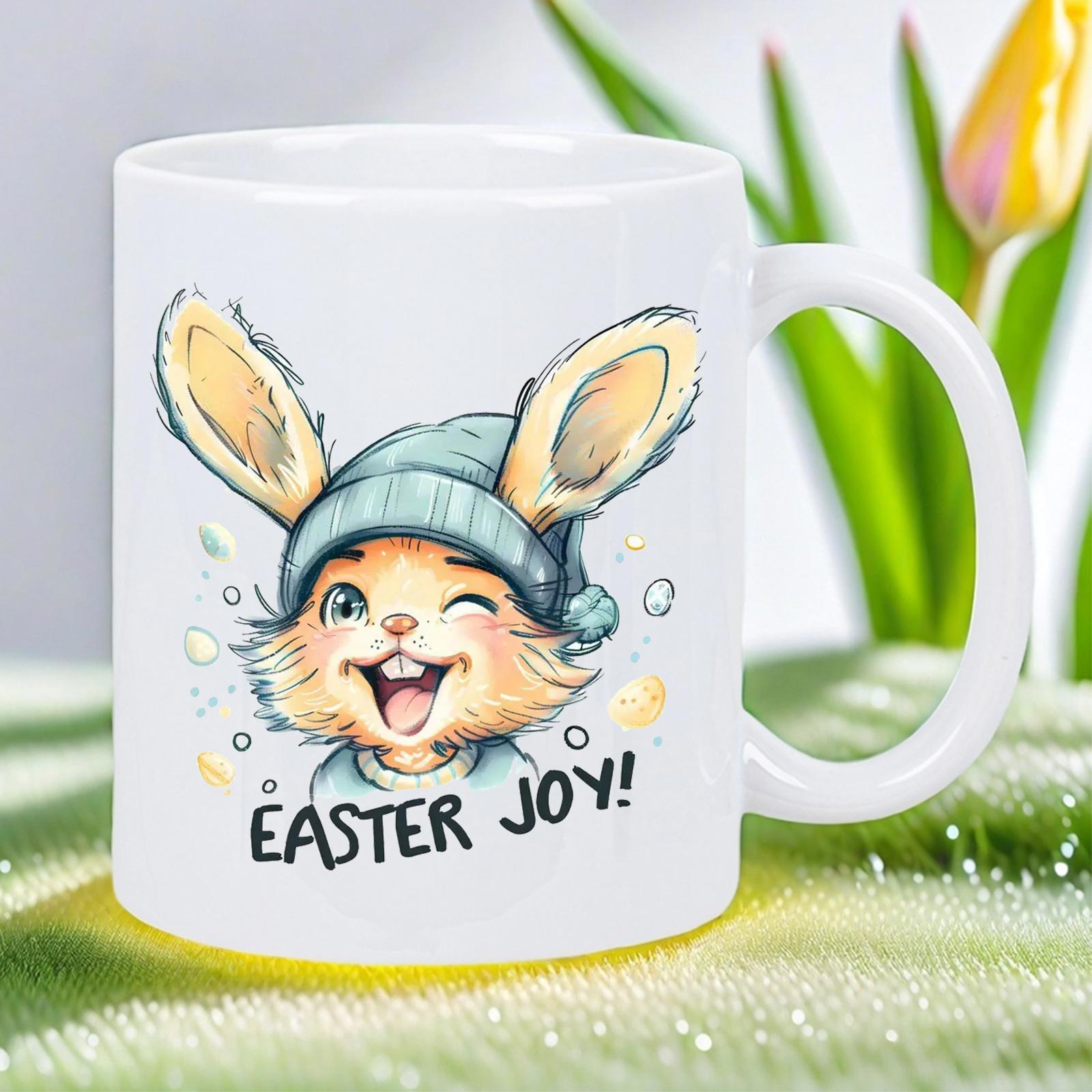 Tailorly White Ceramic 11 oz Mug - Easter Joy Cute Wearing A Knitted Blue Beanie With Long Ears Among Bubbles Bunny