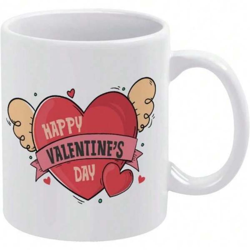 Tailorly White Ceramic 11 oz Mug - Happy Valentine's Day Large Red Heart With Golden Wings And Pink Ribbon Banner Heart
