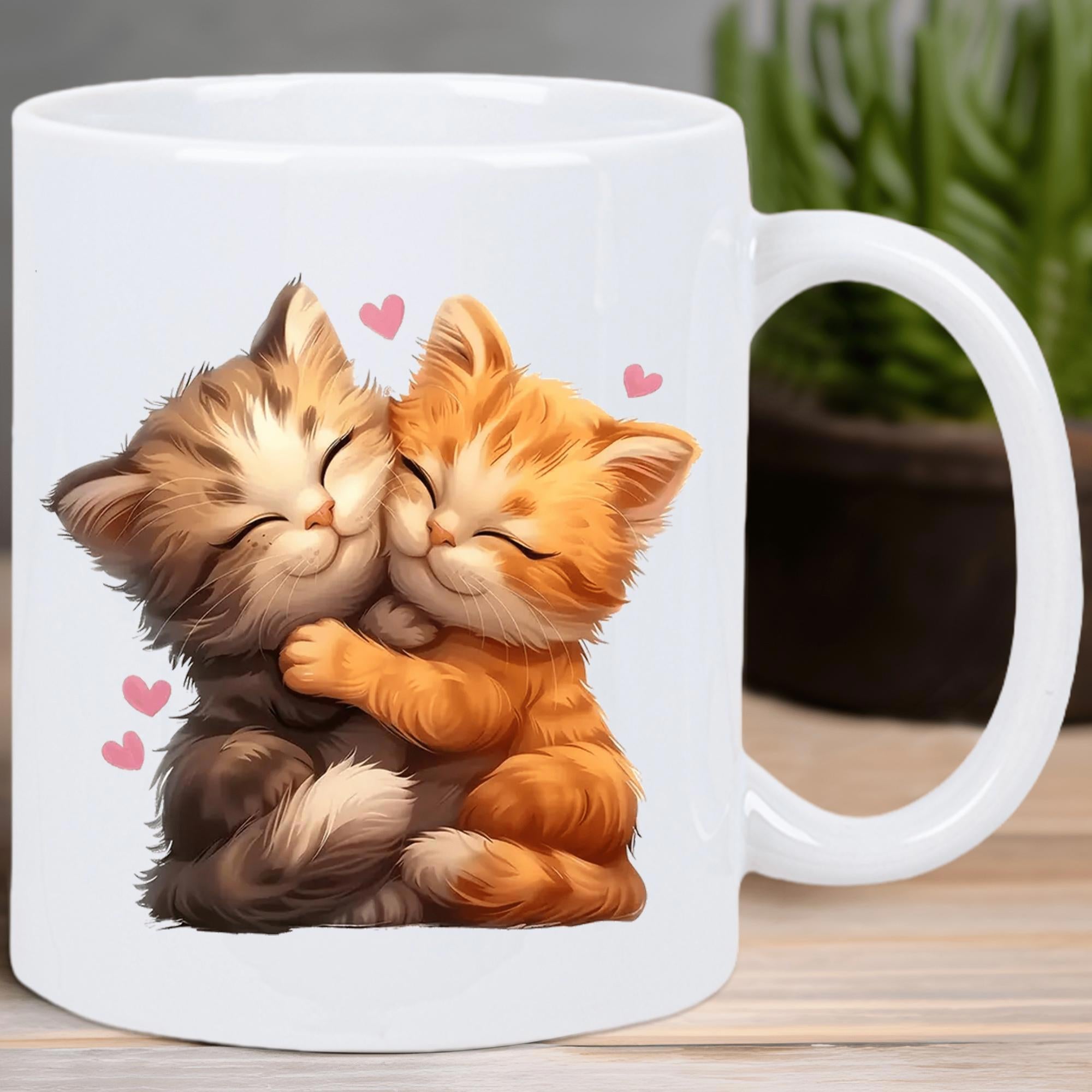 Tailorly White Ceramic 11 oz Mug - Adorable Fluffy Kittens Hugging Each Other Surrounded By Tiny Pink Hearts Cat