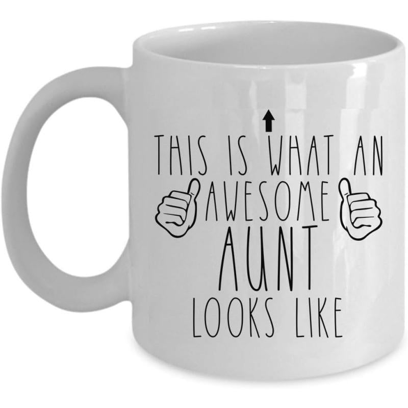 Tailorly White Ceramic 11 oz Mug - This Is What An Awesome Aunt Looks Like Minimalist Black Line Art Featuring Two Thumbs Up And Arrow Aunt