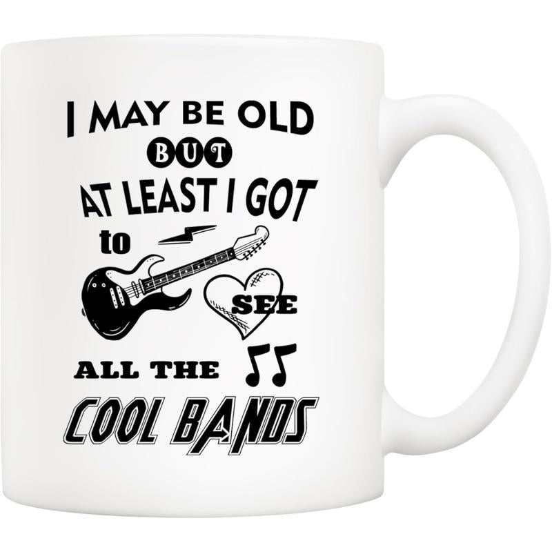 Tailorly White Ceramic 11 oz Mug - I May Be Old But At Least I Got To See All The Cool Bands Stylized Vintage Electric Design With Musical Notes And Symbolic Heart